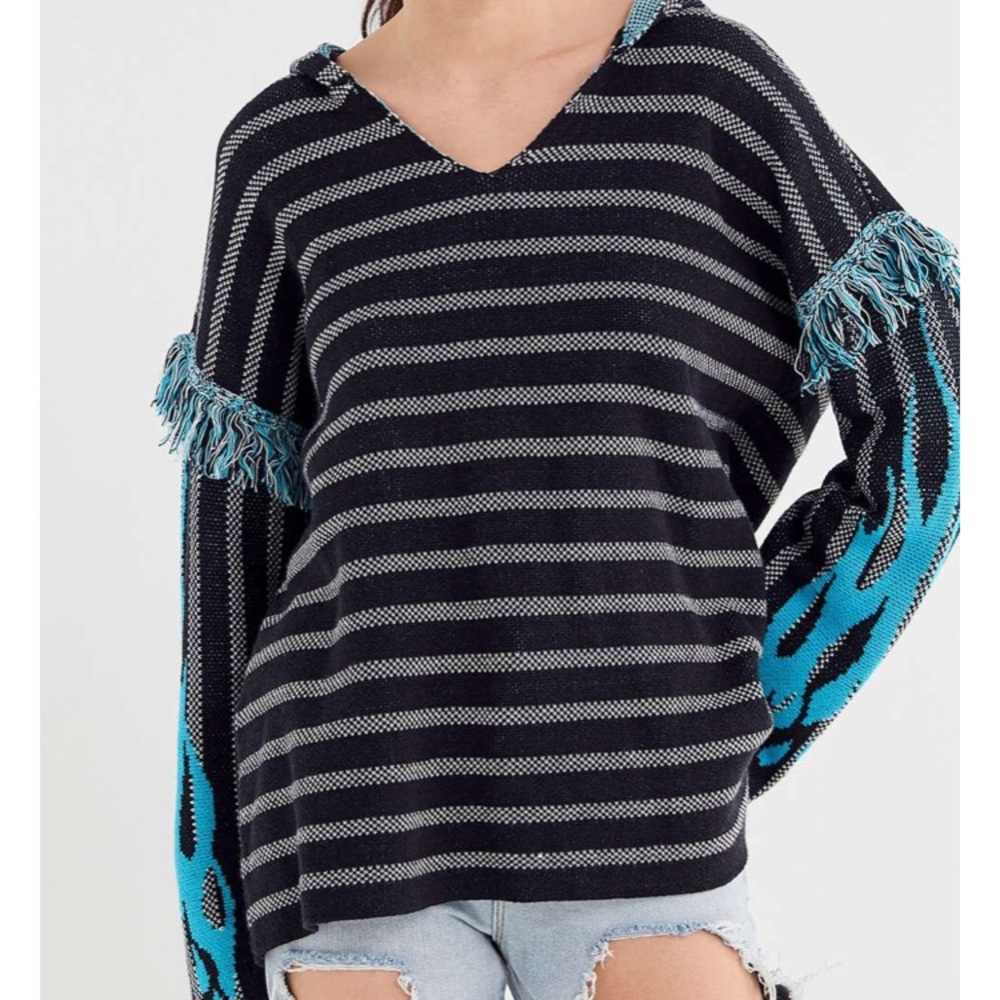 URBAN OUTFITTERS BAYLEIGH Sweater, OVERSIZED V NECK HOODED STRIPED SWEATER TOP